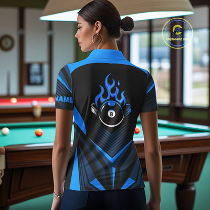 Blue Flaming 8 Ball Pool Polo & 1/4-Zip Team Shirt For Women Custom Billiards Ball Apparel NYN2465