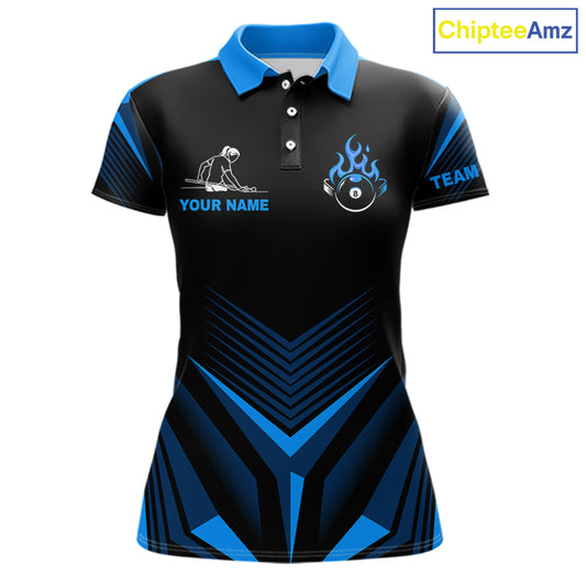 Blue Flaming 8 Ball Pool Polo & 1/4-Zip Team Shirt For Women Custom Billiards Ball Apparel NYN2465