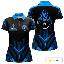 Load image into Gallery viewer, Blue Flaming 8 Ball Pool Polo &amp; 1/4-Zip Team Shirt For Women Custom Billiards Ball Apparel NYN2465