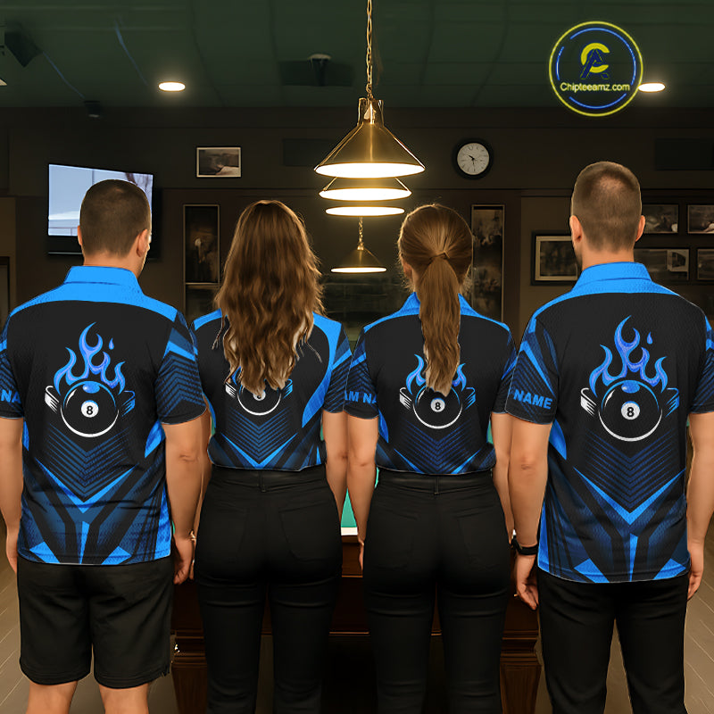 Blue Flaming 8 Ball Pool Polo & 1/4-Zip Team Shirt For Women Custom Billiards Ball Apparel NYN2465