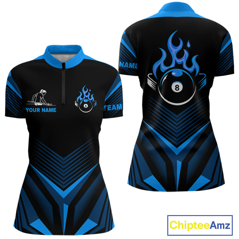Blue Flaming 8 Ball Pool Polo & 1/4-Zip Team Shirt For Women Custom Billiards Ball Apparel NYN2465