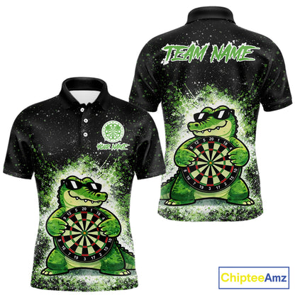 White And Green Funny Crocodile Hold Dartboard Dart Polo Shirts For Men Custom Dart Team Shirts NYN2675