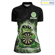 Load image into Gallery viewer, White And Green Funny Crocodile Hold Dartboard Dart 1/4-Zip Shirts For Women Custom Dart Team Shirts NYN2675