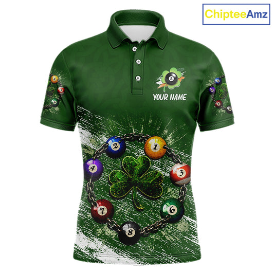 White Green Grunge Shamrock 8 Ball Men Billiards Shirt Personalized St Patrick's Day Pool Balls Shirt NYN2678