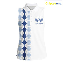 Load image into Gallery viewer, Womens Blue Argyle Golf Shirts Argyle Golf Clothing Custom Blue Golf Sleeveless Polo, Best Golf Gifts NYN3051