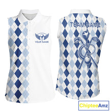 Load image into Gallery viewer, Womens Blue Argyle Golf Shirts Argyle Golf Clothing Custom Blue Golf Sleeveless Polo, Best Golf Gifts NYN3051