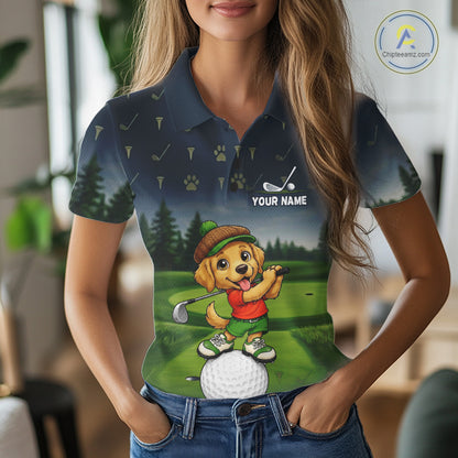 Woman wearing patriotic Golden Retriever golf polo shirt with American flag design