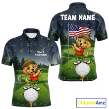 Load image into Gallery viewer, Men's American Flag Golden Retriever golf polo shirt mockup patriotic golf team outfit
