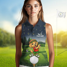 Load image into Gallery viewer, Woman wearing patriotic Golden Retriever golf sleeveless polo shirt with American flag design