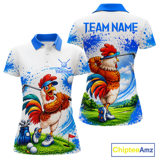 Women's funny rooster golfer golf polo shirt mockup blue splatter golf apparel