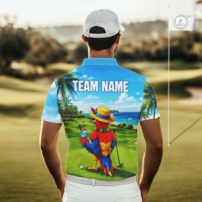 Man wearing tropical parrot golf polo shirt during summer golf outing