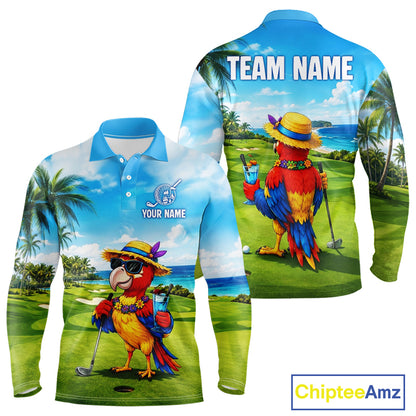 Men's funny parrot golf polo shirt mockup tropical summer golf apparel