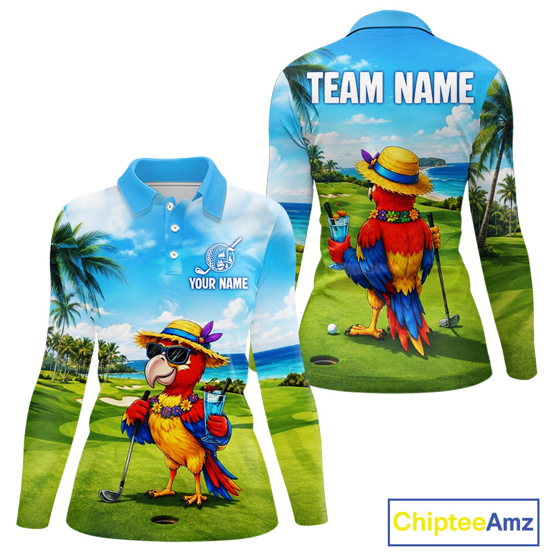 Women's funny parrot golf polo shirt mockup tropical summer golf apparel