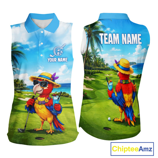 Women's funny parrot golf sleeveless polo shirt mockup tropical summer golf apparel