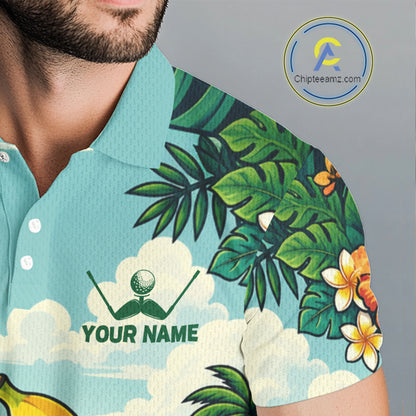 Man wearing banana golfer golf polo shirt on golf course