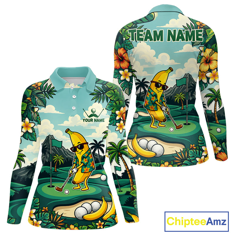 Women's funny banana golfer golf polo shirt mockup monstera tropical golf apparel