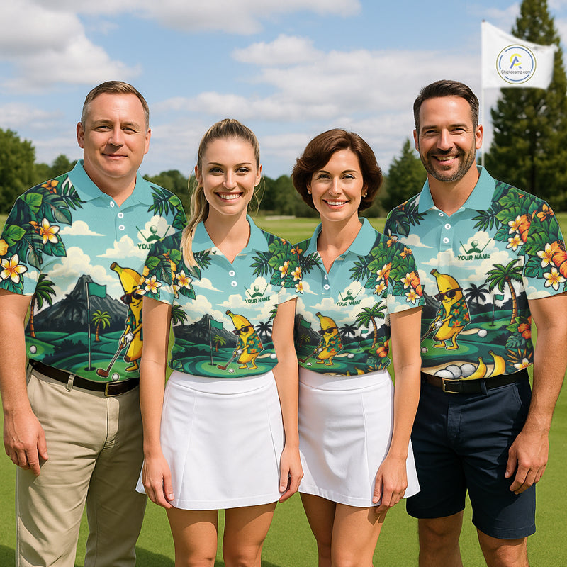 Men's golf team wearing banana golfer tropical golf polo shirts