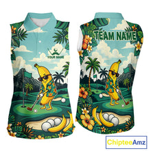 Load image into Gallery viewer, Women's funny banana golfer golf sleeveless polo shirt mockup monstera tropical golf apparel