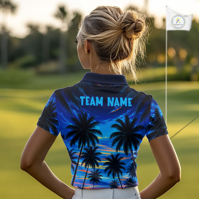 Woman wearing tropical sunset palm tree golf polo shirt during golf outing