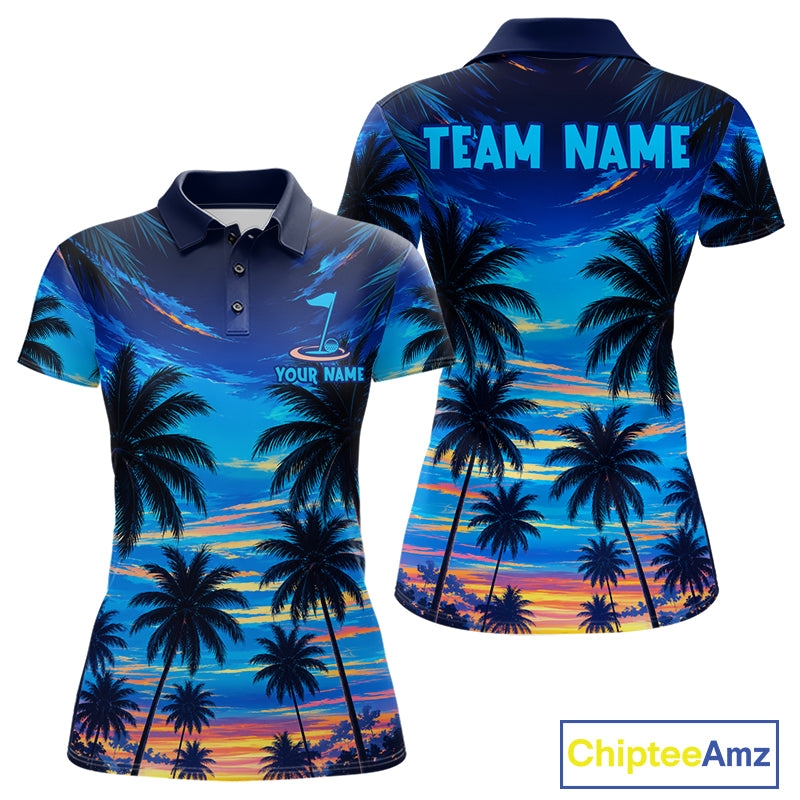 Women's sunset tropical palm tree golf polo shirt mockup personalized golf apparel