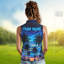 Load image into Gallery viewer, Woman wearing tropical sunset palm tree golf sleeveless polo shirt during golf outing
