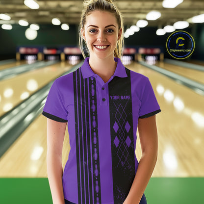 Female bowler wearing vintage purple argyle bowling shirt, retro Americana fashion, classic bowling nostalgia, personalized sportswear.