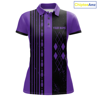 Woman wearing Retro Purple Argyle Bowling Polo Shirt with vintage argyle pattern, personalized bowling team apparel, retro bowling fashion, custom tournament polo, athletic performance clothing.