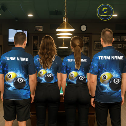 Custom 8 Ball & 9 Ball Mens Billiard Shirt Personalized Thunder Blue Billiard Tournament Jerseys NYN3777