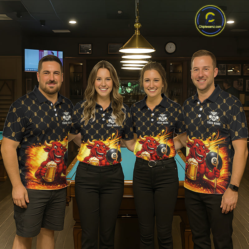 Beer & Funny Bull Play Pool 8 Ball Men Billiard Team Shirt Custom Billiard Polo & 1/4 Zip Attire NYN2475