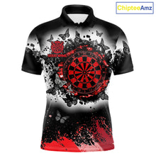 Load image into Gallery viewer, Men's white red black grunge butterfly dart polo shirt mockup custom dart team jersey