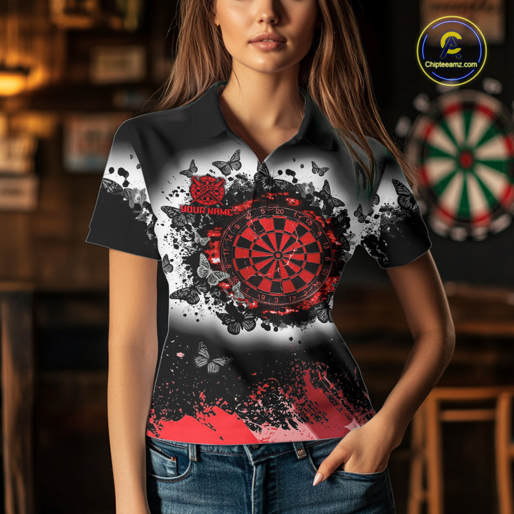 Woman wearing white red black butterfly dart shirt custom dart uniform mockup
