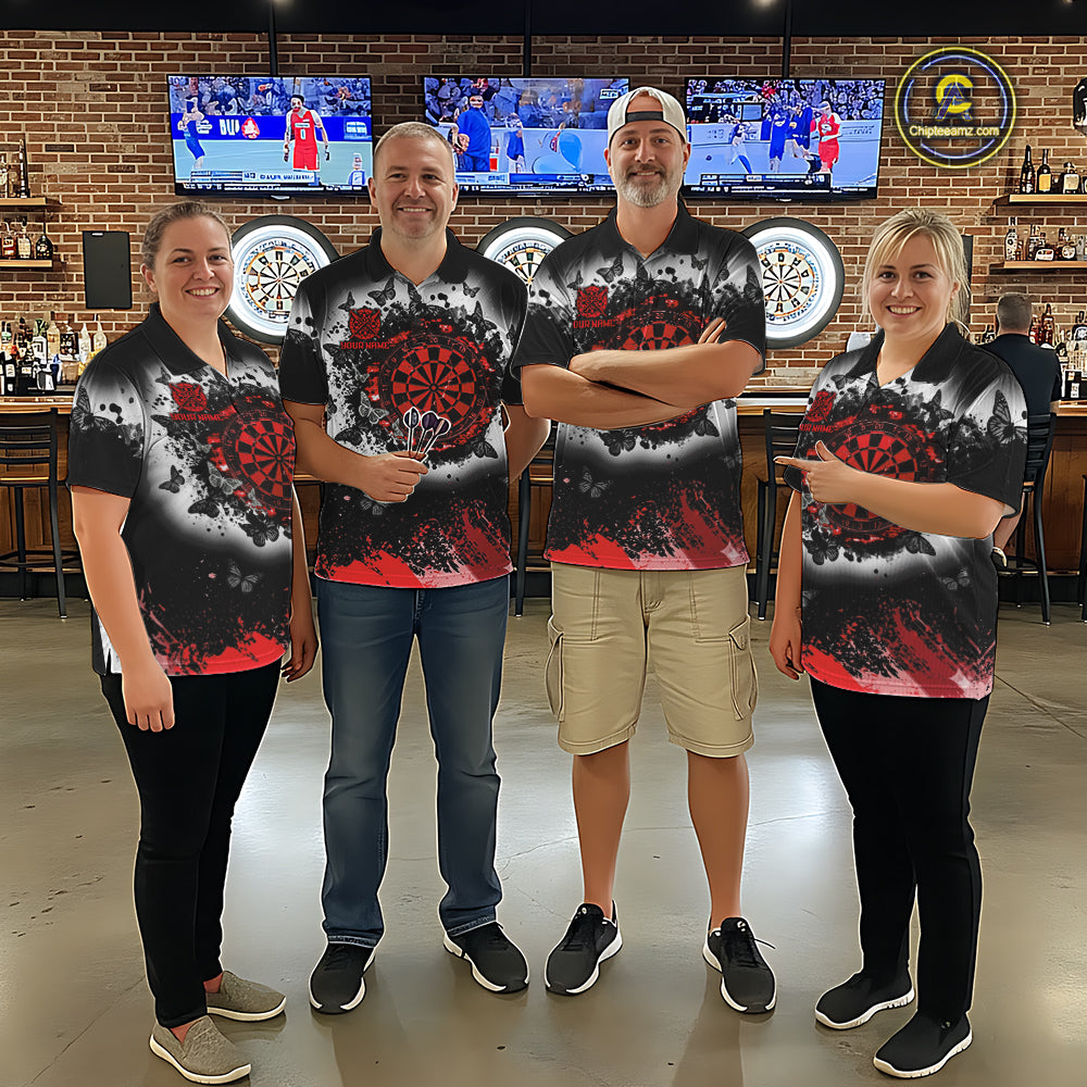 Men's dart team wearing white red black grunge butterfly dart jerseys tournament apparel