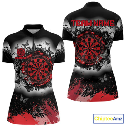 Women's white red black grunge butterfly dart quarter zip shirt mockup custom dart team apparel