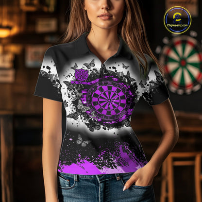 Woman wearing white purple black butterfly dart shirt custom dart uniform mockup