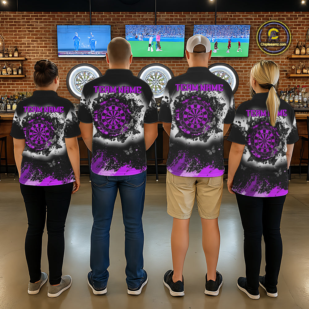 Men's dart team wearing white purple black grunge butterfly dart jerseys tournament apparel
