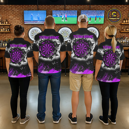 Men's dart team wearing white purple black grunge butterfly dart jerseys tournament apparel
