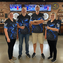 Load image into Gallery viewer, Men's dart team wearing lightning blue dragon dart jerseys tournament uniforms