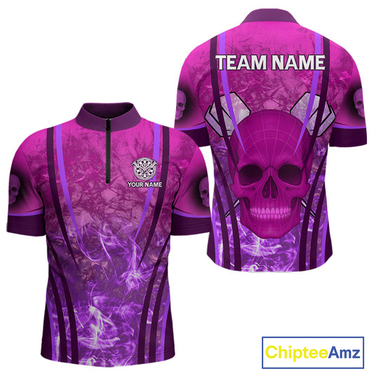 Purple Skull & Flame Darts Men's Darts Quarter-Zip Shirt Custom Name For Players NYN0750