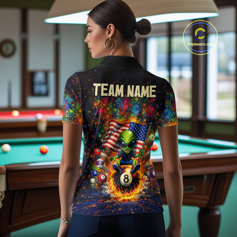 Colorful Splatter Funny Alien Fire 8 Ball Women Billiards Shirt Personalized Pool Balls Billiard Attire NYN2687