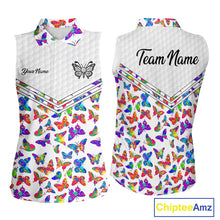 Load image into Gallery viewer, Butterfly Womens White Pattern Golf Sleeveless Polo Shirt Custom Name Floral Colorful Watercolor Golf Shirts NYN2846