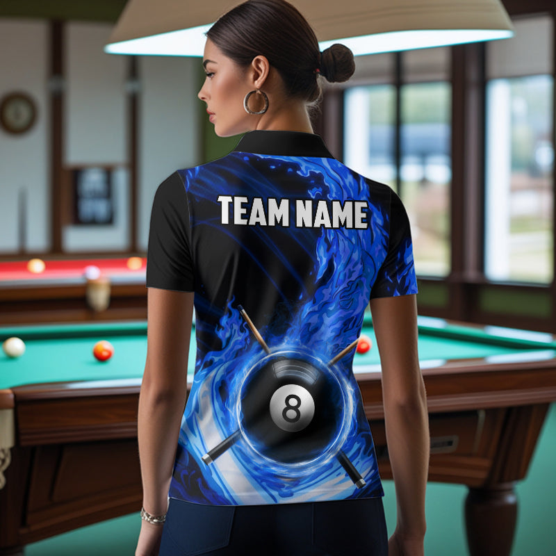 Personalized Blue 8 Ball Fire Flame Billiard Polo & 1/4-Zip For Women 8 Ball Pool Team Jersey NYN2847