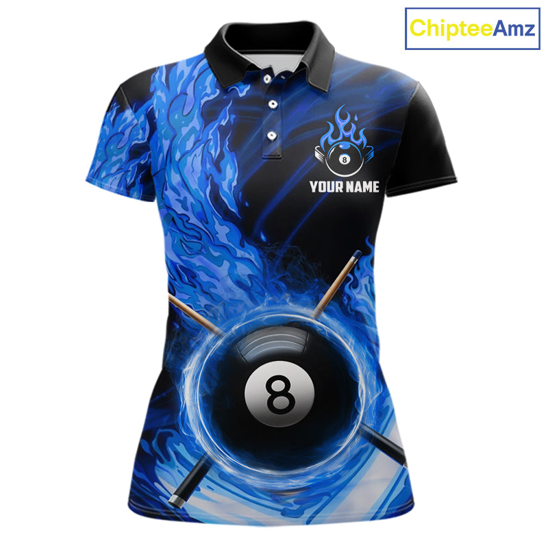 Personalized Blue 8 Ball Fire Flame Billiard Polo & 1/4-Zip For Women 8 Ball Pool Team Jersey NYN2847