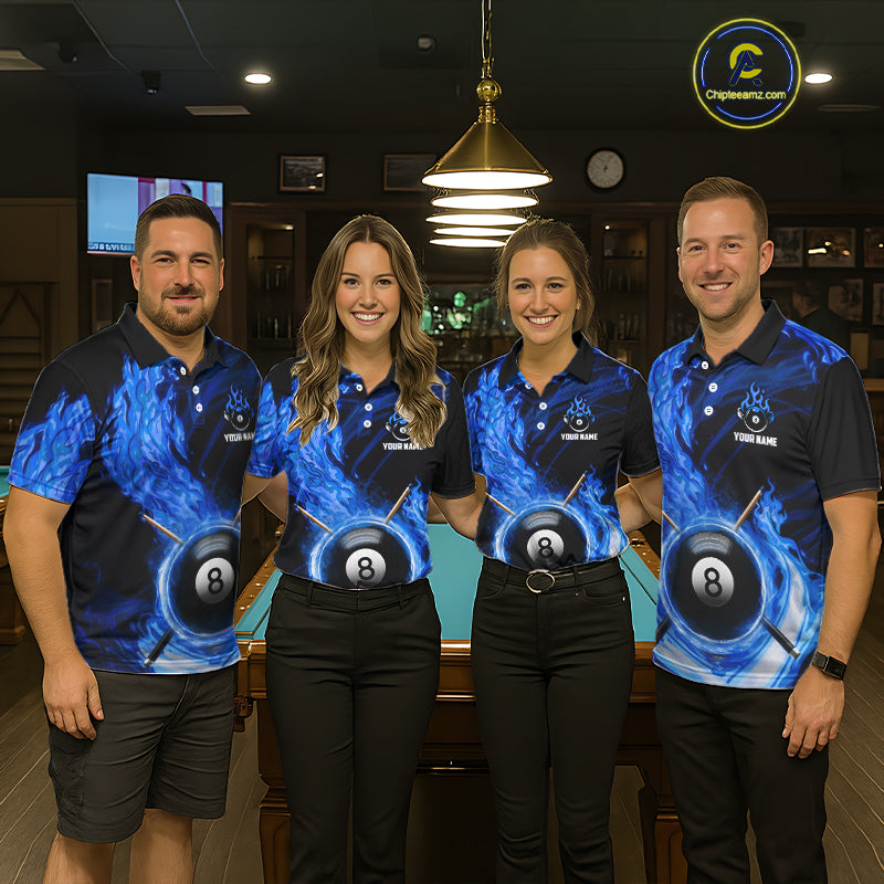Personalized Blue 8 Ball Fire Flame Billiard Polo & 1/4-Zip For Women 8 Ball Pool Team Jersey NYN2847
