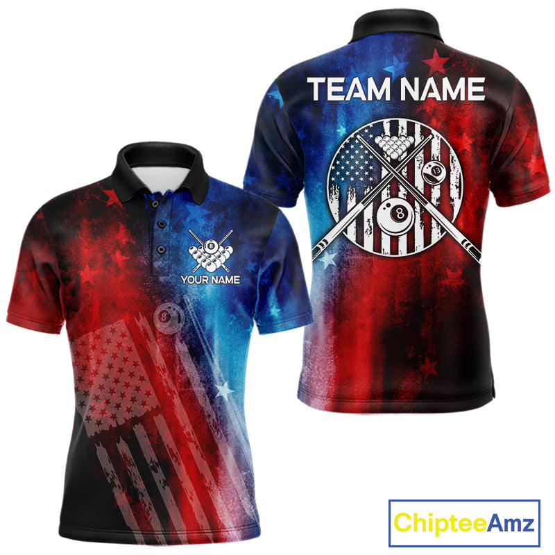 Red - Blue Grunge American Flag Billiard Pool Shirt For Men Personalized Patriot Billiard Team Attire NYN3219