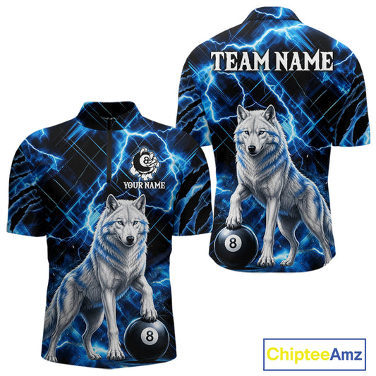 Custom Funny Wolf 8 Ball Billiard Shirt For Men Thunder Lightning Billiard Pool Team Jersey | Blue NYN3222