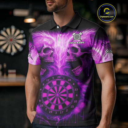 Electric Purple Skulls & Dartboard Darts Shirt For Men - Custom Dart Player Jersey NYN0539