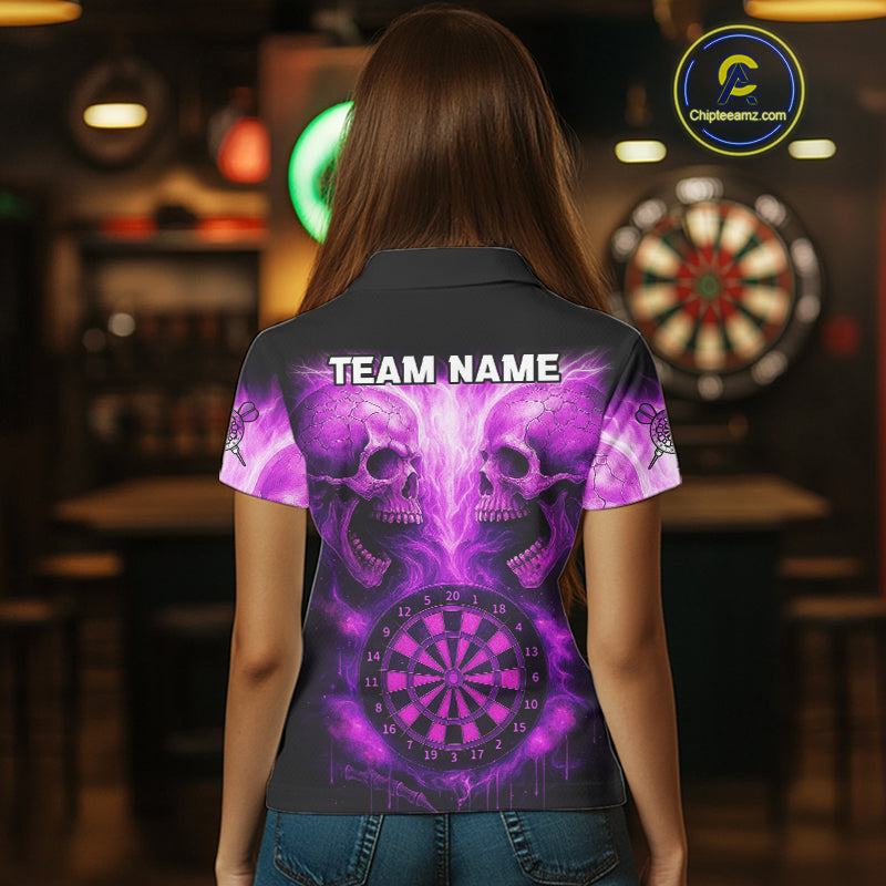 Electric Purple Skulls & Dartboard Darts Shirt For Women - Custom Dart Player Jersey NYN0539