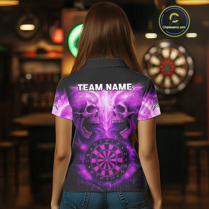 Electric Purple Skulls & Dartboard Darts Shirt For Women - Custom Dart Player Jersey NYN0539