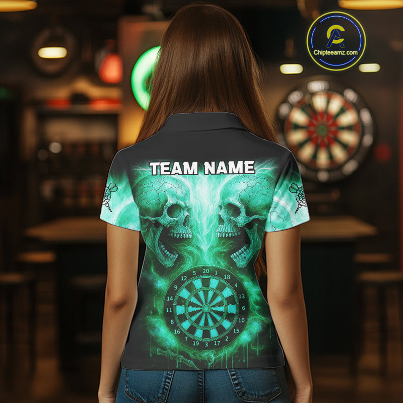 Electric Green Skulls & Dartboard Women's Darts Shirt - Custom Name For Players NYN0541