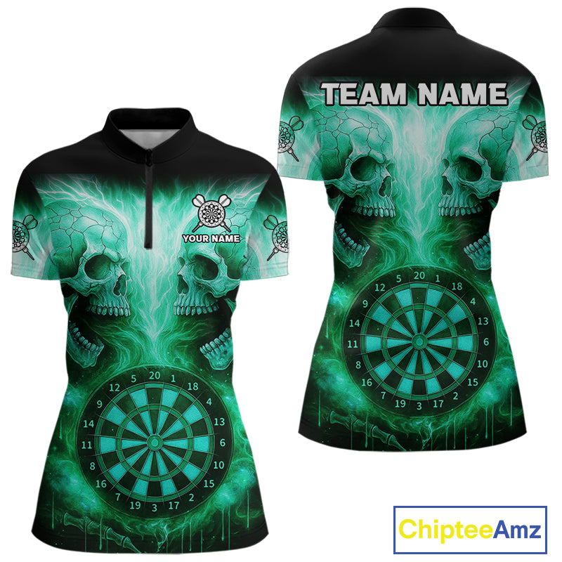Electric Green Skulls & Dartboard Women's Darts Shirt - Custom Name For Players NYN0541